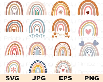 Paquete de 15 svg de arco iris boho, arco iris eps, arco iris png, arco iris jpg, boho svg