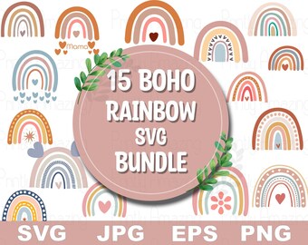 Boho Rainbow SVG Bundle - 15 Vibrant Boho Rainbow SVGs para manualidades DIY - Perfecto para la decoración del hogar Boho, diseño de ropa, álbumes de recortes, Cricut