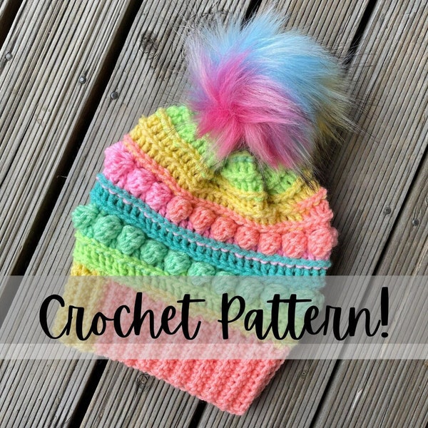 Crochet Pattern ONLY  - Rainbow bobble Beanie, bobble stitch, crochet winter beanie, winter crochet pattern, handmade winter beanie, rainbow