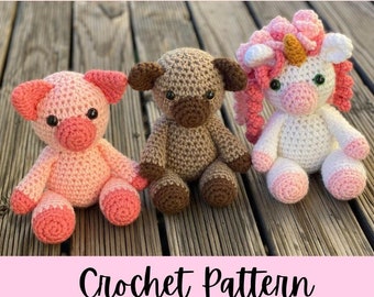 3 in 1 crochet pattern, crochet pig pattern, crochet unicorn pattern, low sew amigurumi, crochet bear pattern, crochet pdf patterns, crochet