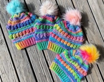 Adult sized crochet beanie, funky crochet beanie, handmade beanie, winter beanie, coloured winter beanie, pride beanie, rainbow beanie, hat