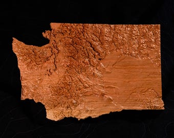 3D Wooden Washington Topographic Map: Carved Cherry or Walnut