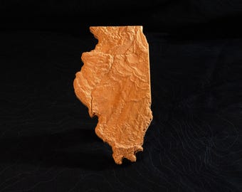 3D Illinois Wooden Topographic Map: Cherry or Walnut Wood
