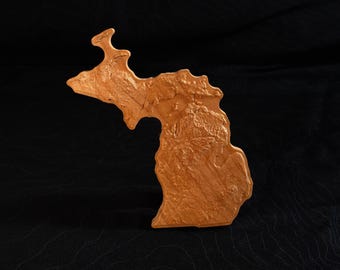3D Michigan Wooden Topographic Map: Cherry or Walnut Wood