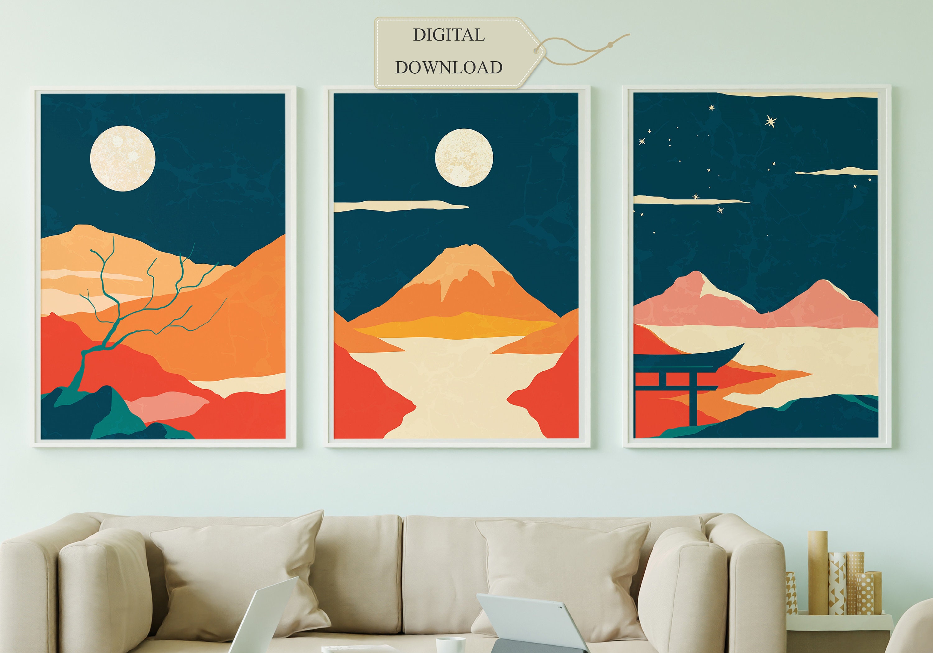 Japanese Abstract Wall Art set of three illustrations of Etsy