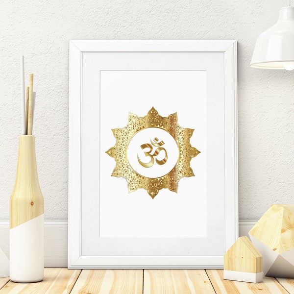 Golden Om: Large Hindu Wall Art with Om Symbol - Yoga Studio Decor and Meditation Art, digital download printable wall art.