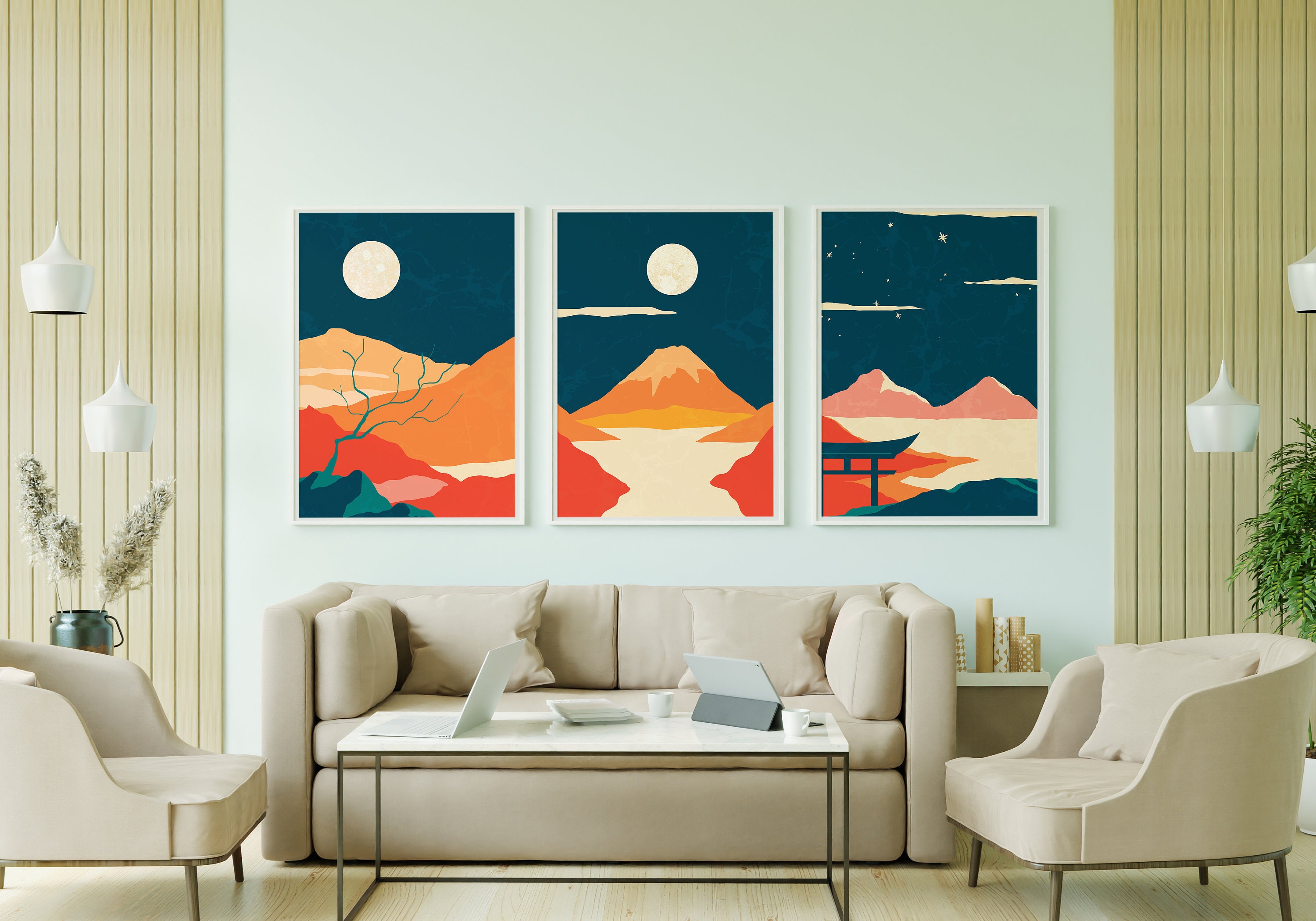 Japanese Abstract Wall Art set of three illustrations of Etsy
