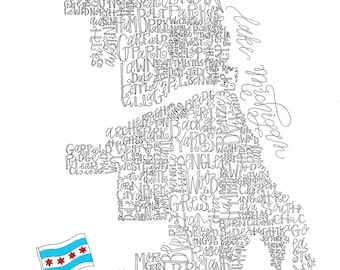 Hand-lettered Chicago Neighborhoods typography wall art map print