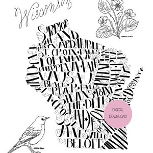 Mapa del estado de Wisconsin escrito a mano con arte mural de las principales ciudades