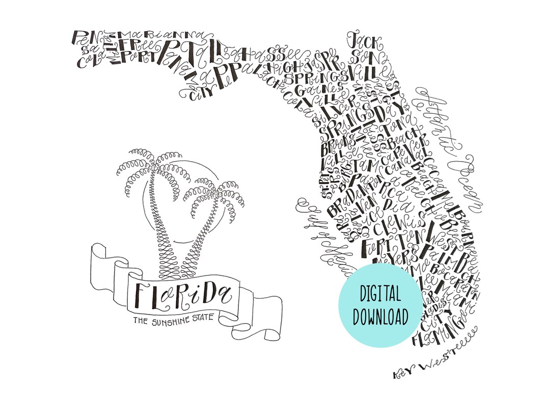 Hand-lettered State of Florida Map With Major Cities Wall Art - Etsy