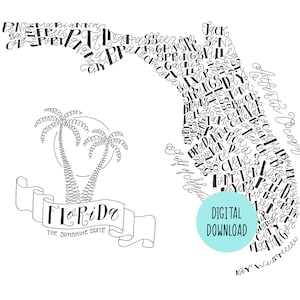Hand-lettered staat van de kaart van Florida met de grote kunst van de stedenmuur