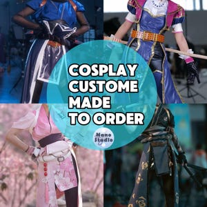 May include: Four people are wearing different cosplay costumes. The text "COSPLAY CUSTOM MADE TO ORDER" is in the center of the image. The text "Nano Studio" is in the lower right corner of the image.