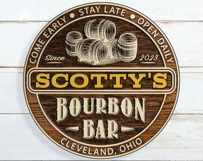 Premium Personalized Bourbon Bar With Barrels Sign