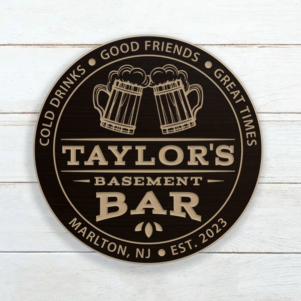 Bar Sign With Beer Mugs And Name / Personalized Basement Bar Sign / Carved Wood Sign / Custom Round Bar Sign