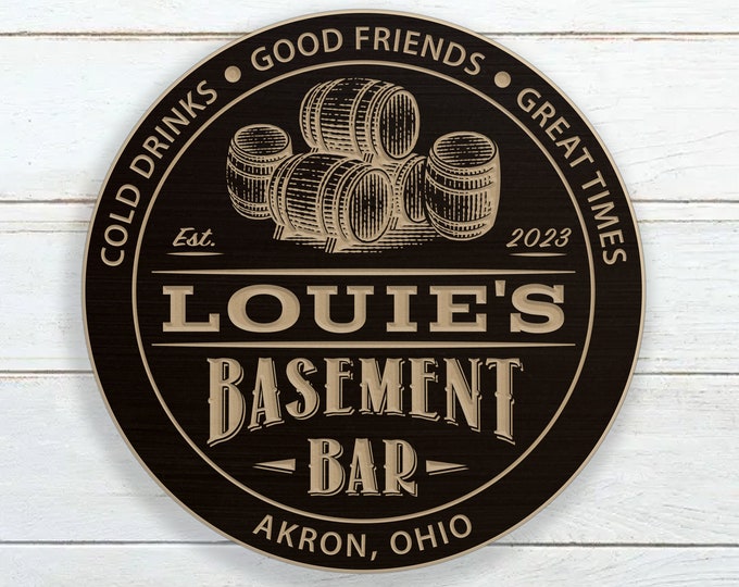 Personalized Basement Bar Sign With Barrels