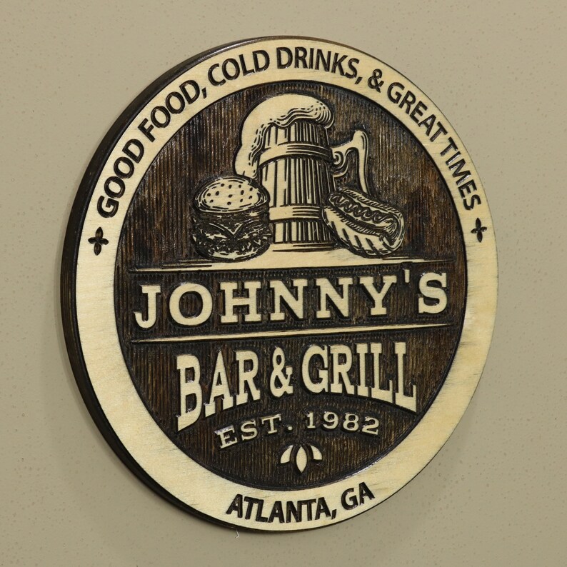 Personalized Rustic Bar And Grill Name / Carved Wood Sign / Etsy