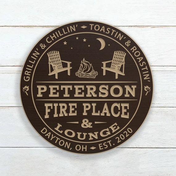 Fire Place Sign / Personalized Fire Place And Lounge Sign / Carved Wood Camp Fire Sign / Custom Patio Camp Fire Pit Place Sign
