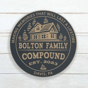 May include: A dark blue round wooden sign with a cabin silhouette, trees, and the text "MAKING MEMORIES THAT WILL LAST A LIFETIME BOLTON FAMILY COMPOUND EST. 2023 DAVIS, PA".