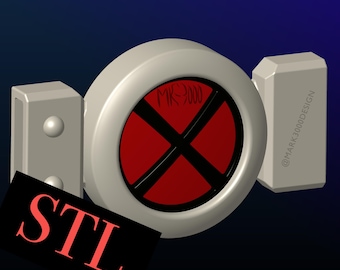 Puede incluir: Un modelo impreso en 3D de un símbolo en forma de X blanco y rojo con el texto "MK 3000" en la parte superior. El modelo está etiquetado como "STL" en texto rojo sobre un fondo negro.