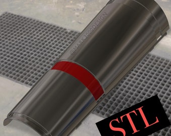 May include: A 3D printed model of a forearm guard with a red stripe. The model is made of a silver-colored material and is labeled "STL". The image also includes the text "@MARK3000DESIGN".