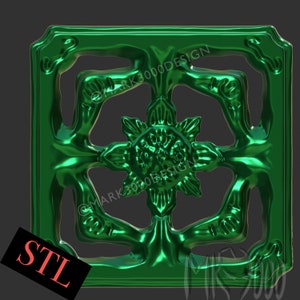 Puede incluir: Un diseño geométrico verde impreso en 3D con una flor en el centro. El diseño es cuadrado y tiene un borde elevado. El archivo STL está incluido.
