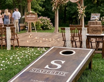 Full Cornhole Decal Set Monogram Vinyl Decals with Board Borders Hole Rings - Custom Wedding Cornhole Stickers, Modern Guestbook Decals