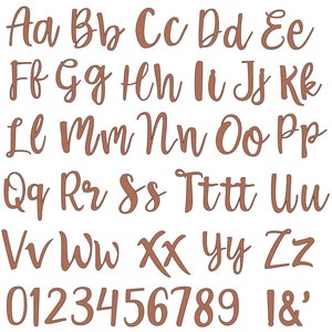 May include: A brown font alphabet with uppercase and lowercase letters, numbers 0-9, and the symbols & and '. The font is a cursive style.