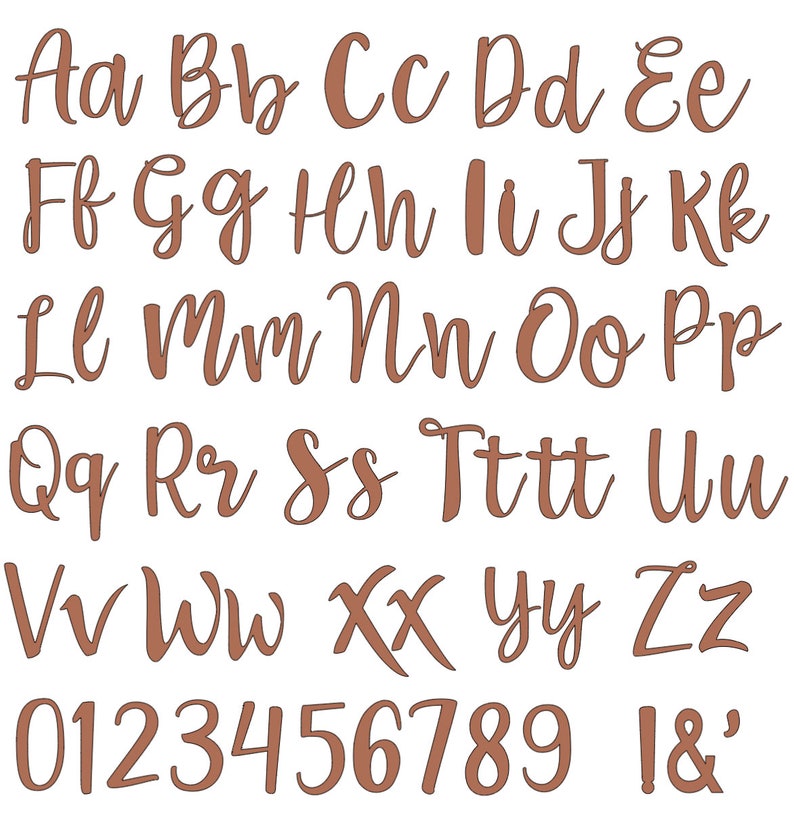 May include: A brown font alphabet with uppercase and lowercase letters, numbers 0-9, and the symbols & and '. The font is a cursive style.