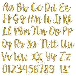 May include: A gold alphabet font with uppercase and lowercase letters, numbers 0-9, and the symbols & and !. The font is a handwritten style.