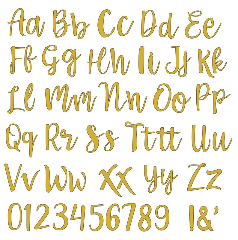 May include: A gold alphabet font with uppercase and lowercase letters, numbers 0-9, and the symbols & and !. The font is a handwritten style.