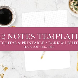 Può includere: Un primo piano di un quaderno bianco con un motivo a griglia punteggiata. Il quaderno è aperto e disteso su una superficie di marmo bianco. Nell'immagine sono presenti una matita dorata, una graffetta dorata e una tazza di caffè. Il testo "342 NOTES TEMPLATES" è visualizzato su uno striscione rosa sopra il quaderno. Il testo "DIGITAL & PRINTABLE / DARK & LIGHT" è visualizzato sotto lo striscione. Il testo "PLAIN, DOT GRID, GRID" è visualizzato sotto la seconda riga di testo.
