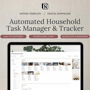 Puede incluir: Una captura de pantalla de una plantilla de Notion para un administrador de tareas domésticas automatizado y un rastreador. La plantilla incluye 40 tareas repetibles, programación y recordatorios, y es fácil de personalizar. La plantilla se muestra en una pantalla de computadora con un fondo gris claro.