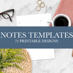 May include: A blue banner with the text "NOTES TEMPLATES 72 PRINTABLE DESIGNS" on a white marble background. A white sheet of paper with a to-do list is visible in the image.