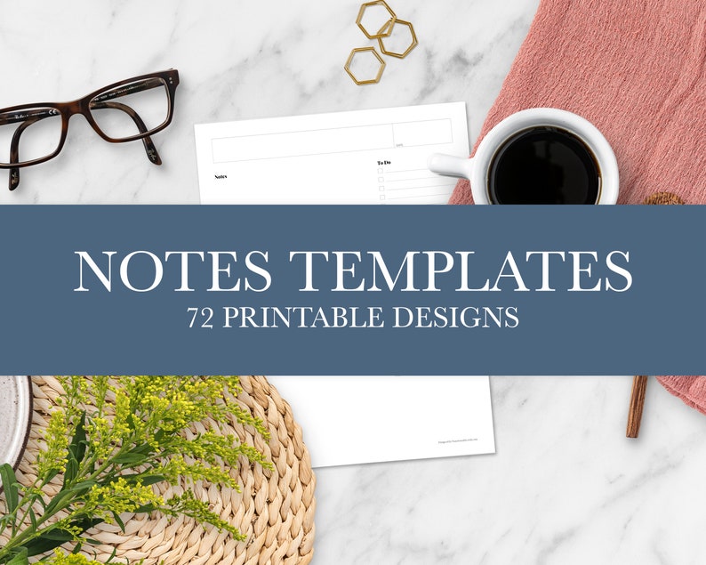 May include: A blue banner with the text "NOTES TEMPLATES 72 PRINTABLE DESIGNS" on a white marble background. A white sheet of paper with a to-do list is visible in the image.