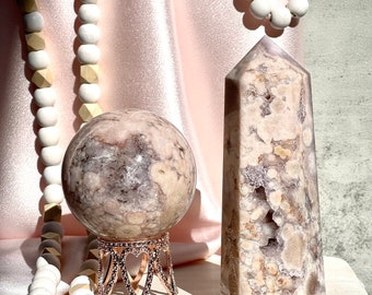 Pink Amethyst Sphere and Tower Set, Druzy Crystal Home Decor