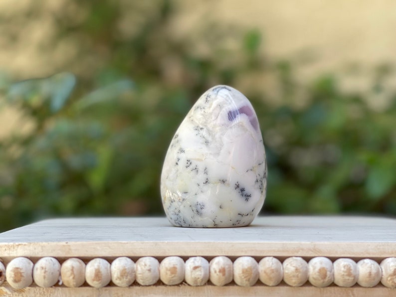 May include: A polished, egg-shaped stone with a white and lavender base, speckled with black inclusions. The stone is smooth and sits on a light-colored wooden surface. The background is a blurred view of green foliage.