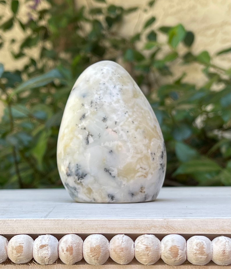 May include: A polished, egg-shaped stone with a creamy white base, speckled with black and gray inclusions. The stone is smooth and rounded, with a natural, organic form. It sits on a light-colored surface, with a blurred green background.