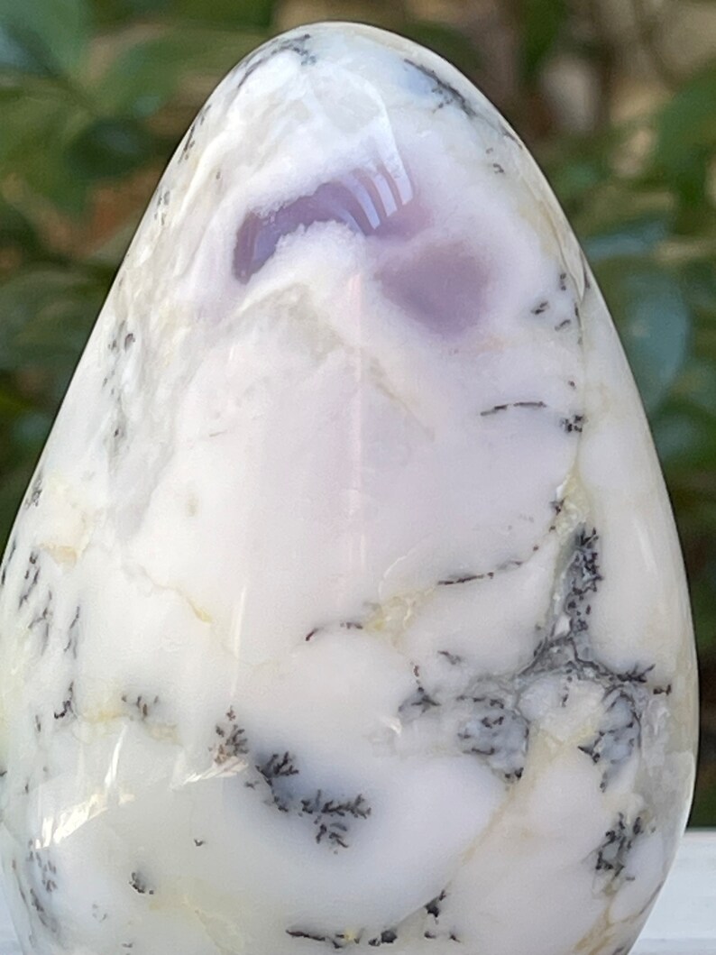 May include: A polished, egg-shaped stone with a white base and intricate patterns. The stone features swirling white and gray veining, with delicate black dendrites resembling tiny ferns. A soft lavender hue is visible near the top, adding a touch of color.