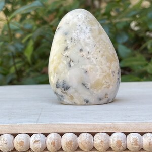 May include: A smooth, egg-shaped stone with a creamy white base, speckled with black and gray inclusions. The polished surface reflects light, highlighting the natural patterns. The stone is displayed on a white surface.