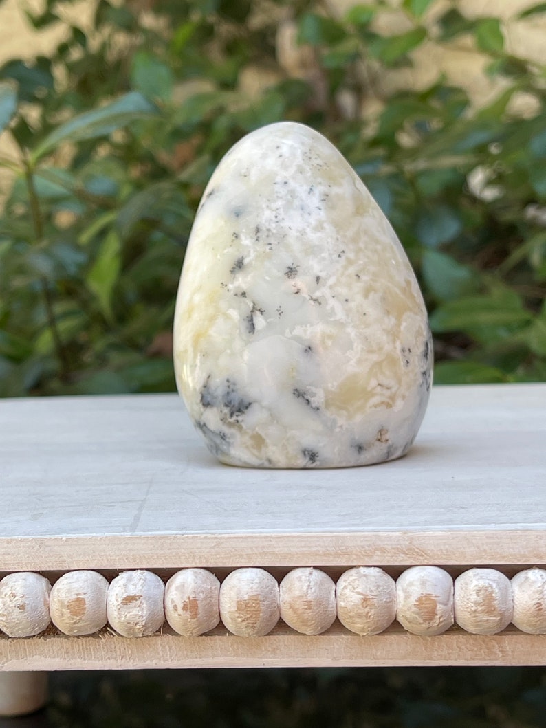May include: A smooth, egg-shaped stone with a creamy white base, speckled with black and gray inclusions. The polished surface reflects light, highlighting the natural patterns. The stone is displayed on a white surface.