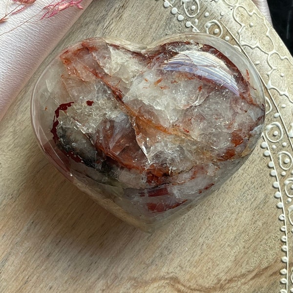Large Fire Quartz Heart Palm Stone, Flashy Red Hematoid, Heart Palm Stone with Rainbows, Healing Crystals, Valentine Gift for Her