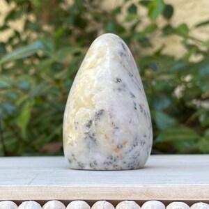 May include: A smooth, teardrop-shaped stone with a cream-colored base and speckled black and gray patterns. The polished surface reflects light, highlighting the natural variations in the stone. The stone is displayed on a white wooden surface.