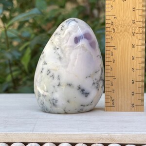 May include: A polished, egg-shaped stone with a white base, featuring dendritic patterns in black and hints of purple. A wooden ruler is placed next to the stone, showing measurements in inches.
