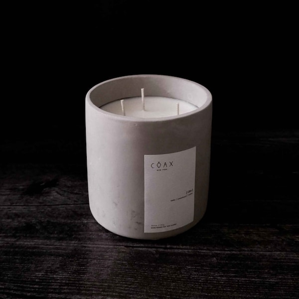 PROJECT COAX Concrete Candle. 40 oz 150 hours. Hand poured, soy wax, 3 cotton wicks. unique, raw mid-century aesthetic, engraved, carving.