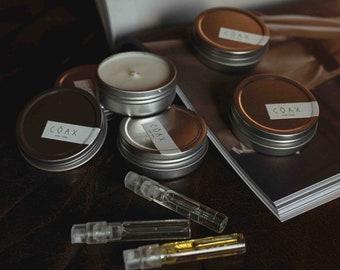 PROJECT COAX Niche Perfume + Luxury Soy Candle [ Discovery Set ]. Travel size, Handmade, Vegan, Eco-friendly packaging.