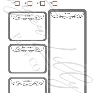 May include: A printable session tracker for role-playing games. The tracker includes sections for starting and ending hit points, experience points, loot, encounters, locations, and notes.