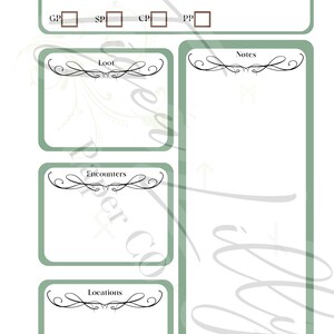 May include: A green and white printable session tracker for role-playing games. The tracker includes sections for starting and ending hit points, gold, silver, copper, and platinum pieces, loot, encounters, locations, and notes.