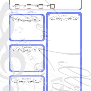 May include: A blue and white printable session tracker for role-playing games. The tracker includes sections for starting and ending hit points, experience points, loot, notes, encounters, and locations.