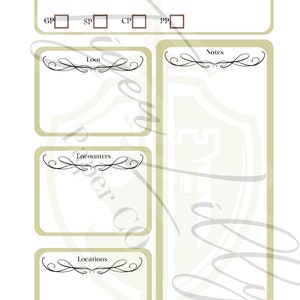 Könnte beinhalten: Ein druckbares Charakterblatt für ein Rollenspiel. Das Blatt enthält Abschnitte für Start- und Endtrefferpunkte, Gold-, Silber-, Kupfer- und Platinmünzen, Beute, Begegnungen, Orte und Notizen.