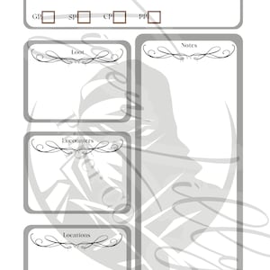May include: A gray and white printable session log sheet with sections for starting and ending HP, GP, SP, CP, PP, loot, encounters, notes, and locations.